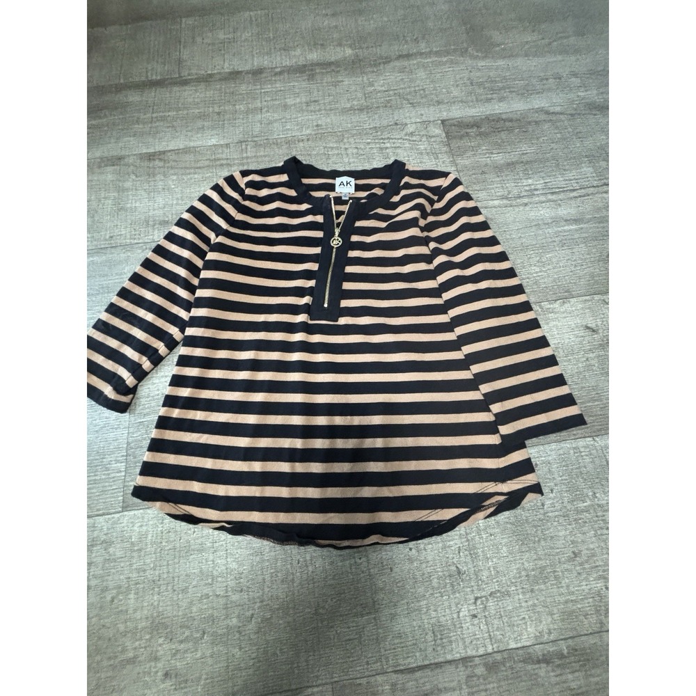 Anne Klein Black Brown Striped Round Neck Zip Front 3/4 Sleeve Blouse M